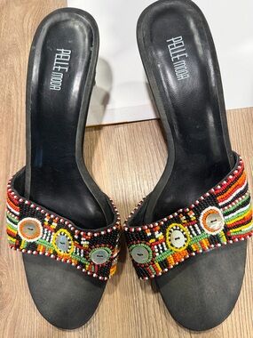 Pelle Moda Black Beaded Slide Mules with Multicolor Accents